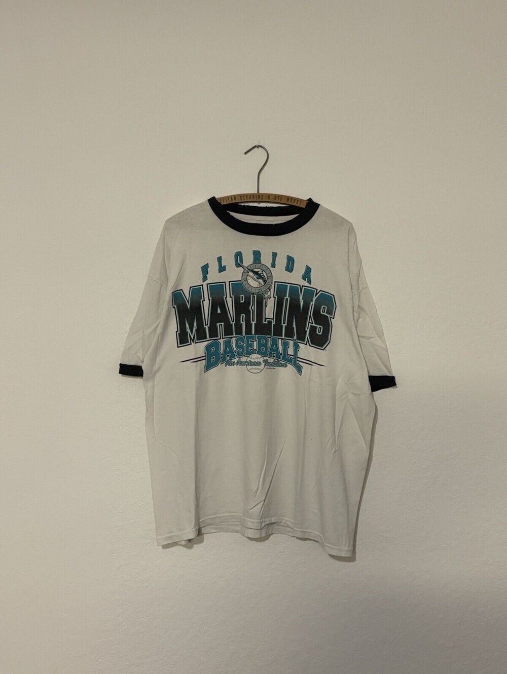 Vintage 90s MLB Florida Marlins Distressed Ringer Baseball Shirt Size Men’s XL